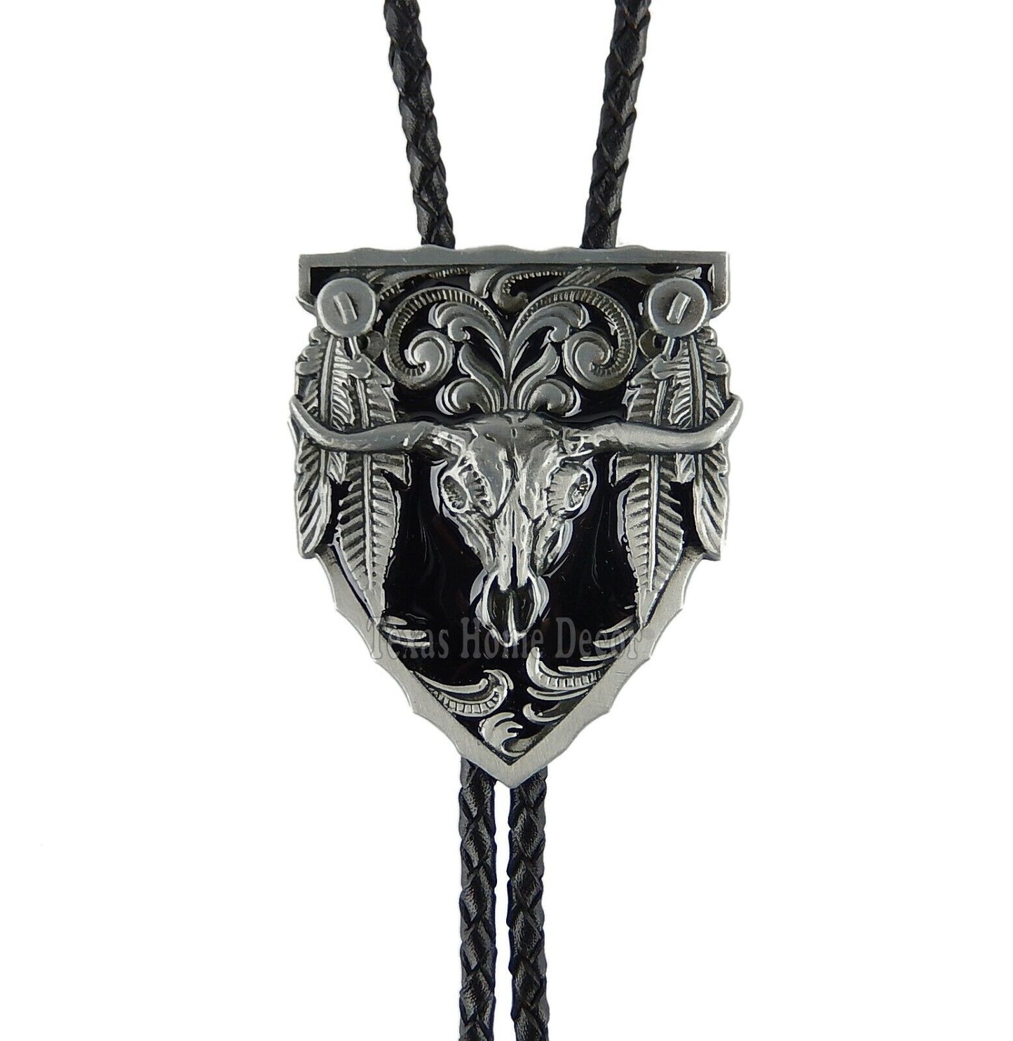 Longhorn Skull Bolo Tie 38" Adjustable Leather Cord Antique Silver Enamel Inlay