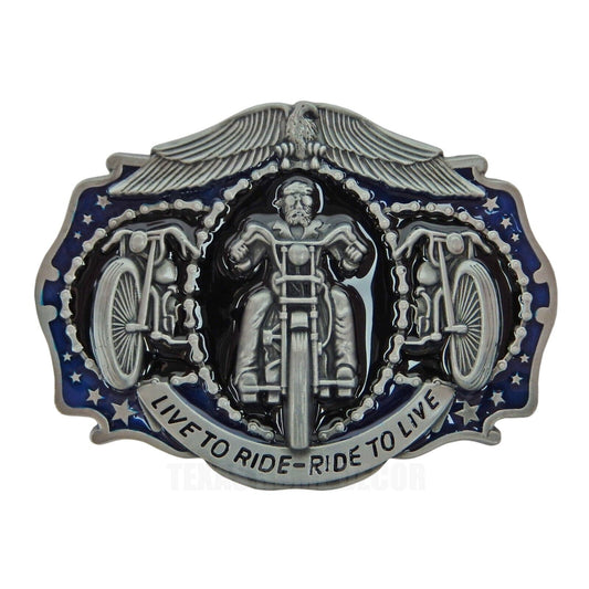 Motorcycle Belt Buckle Live to Ride Ride to Live Eagle Chain Silver Tone Enamel