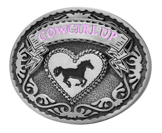 Cowgirl Up Women's Horse Heart Belt Buckle Antique Silver Tone Enamel Inlay