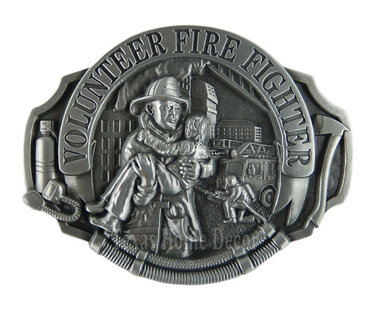 Volunteer Firefighter Men's Belt Buckle Antique Silver Tone Fits 1.5" Belts