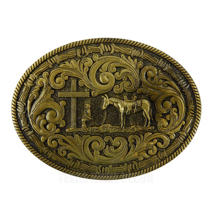 Western Belt Buckle Praying Cowboy Kneeling at Cross Horse Antique Bronze Floral