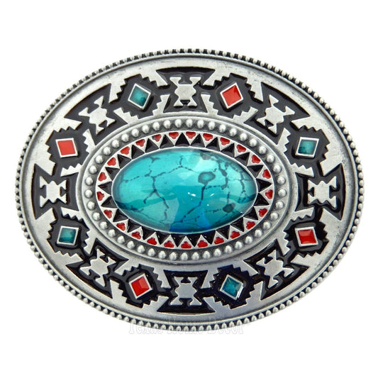 Southwestern Aztec Belt Buckle Antique Silver Tone Enamel Inlay Fits 1.5" Belts