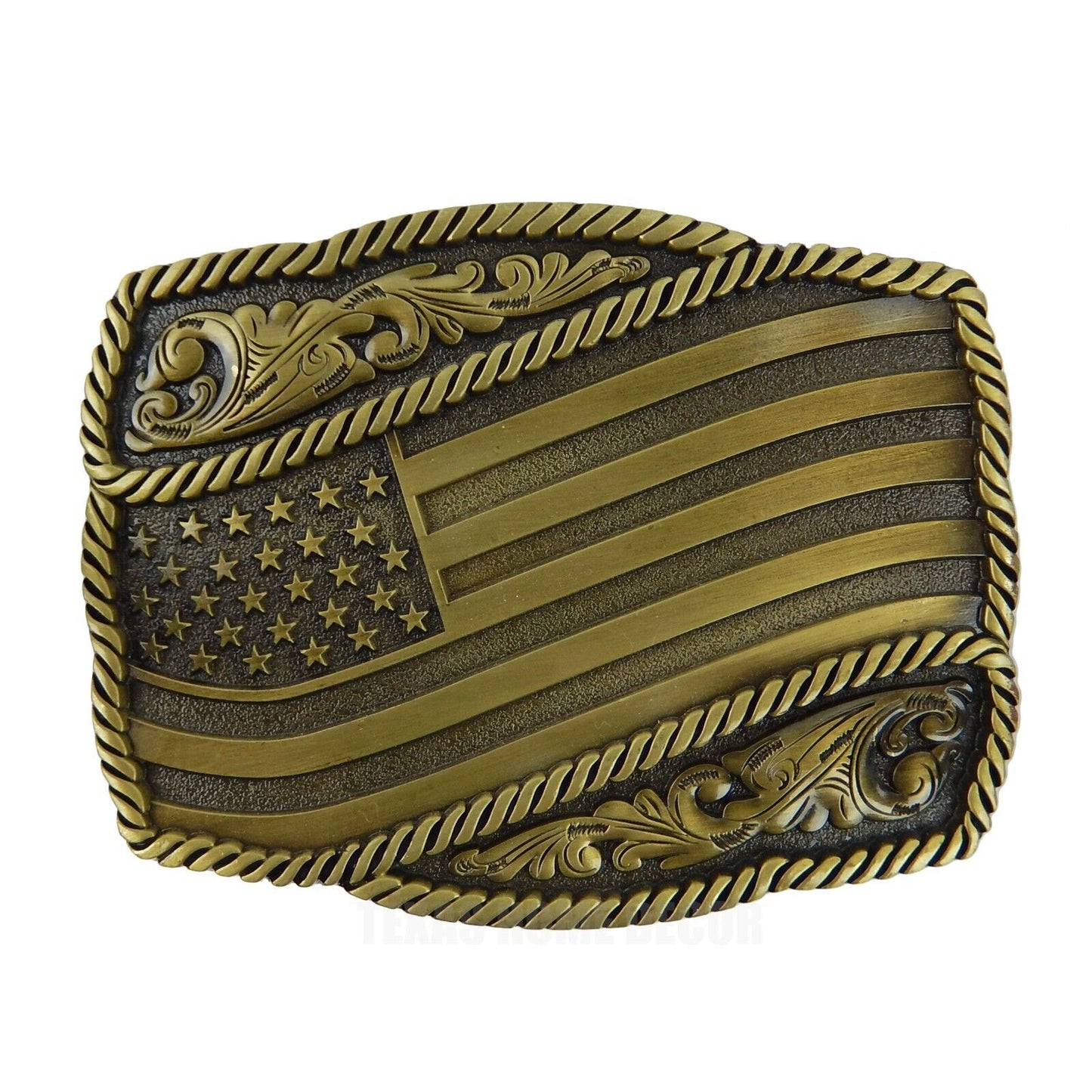 American Pride Flag Belt Buckle Tooled Floral Rope Accents Antique Bronze Tone