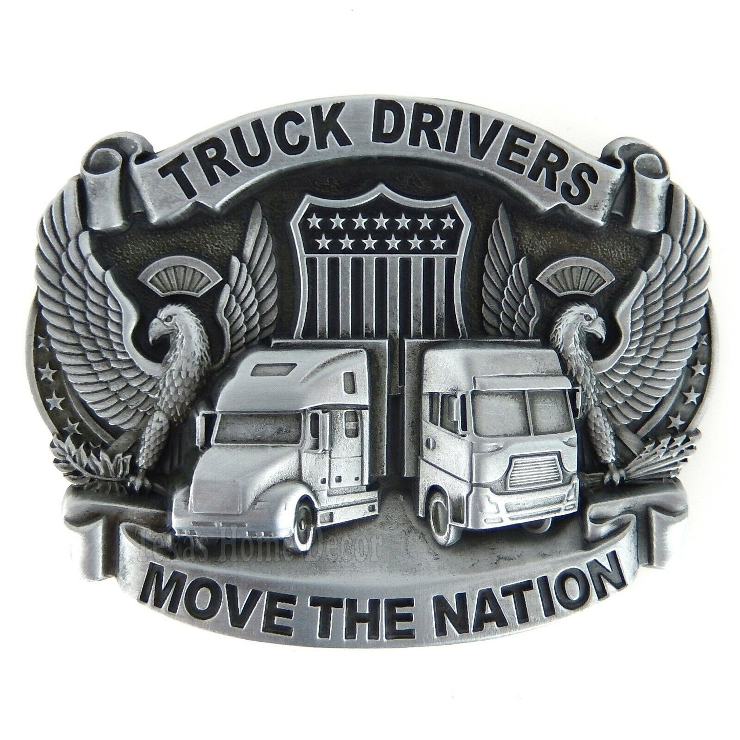 Truck Drivers Belt Buckle Eagles American Flag Antique Silver Fits 1.5" Belts