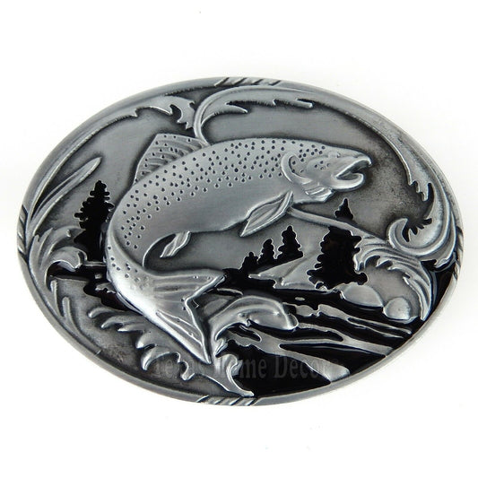 Trout Fish Belt Buckle Antique Silver Tone Black Enamel Fits 1.5" Belt