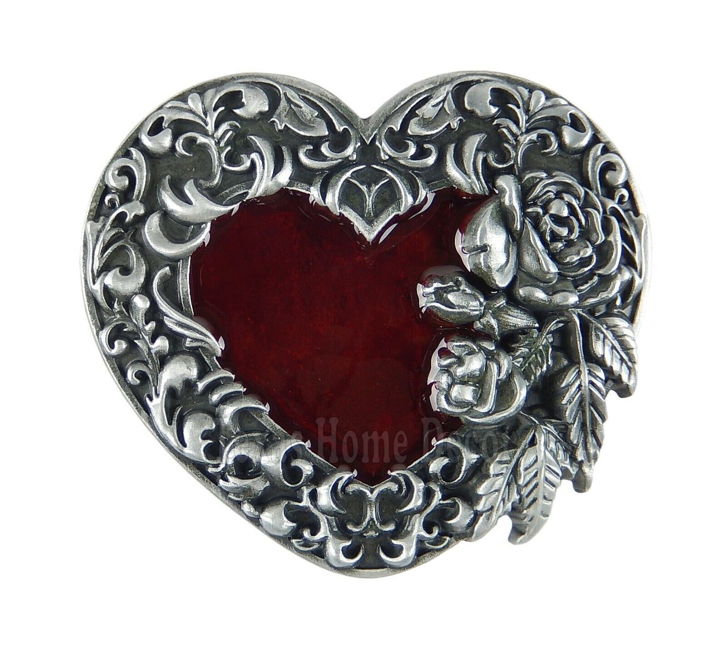 Women's Red Heart Roses Belt Buckle Enamel Antique Silver Tone Fits 1.5" Belts