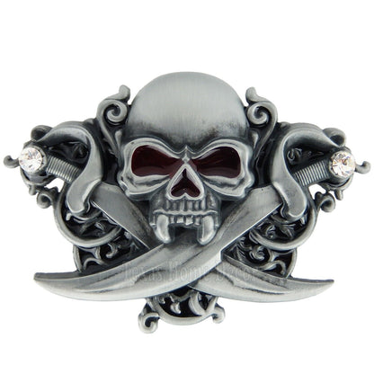 Skull Swords Men's Belt Buckle Antique Silver Finish Enamel Inlay Fits 1.5" Belt