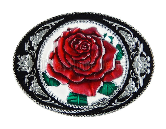 Women's Red Rose Belt Buckle Antique Silver Tone Fits 1.5" Belts Glossy Enamel