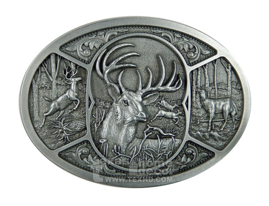 Men's Deer Belt Buckle Bucks Hunter Antique Silver Tone Western Fits 1.5" Belt