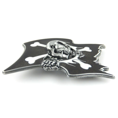 Pirate Belt Buckle Biker Skull Crossbones Antique Silver Enamel Fits 1.5" Belt