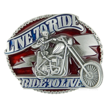 Biker Men's Belt Buckle Skeleton Live to Ride Ride to Live Enamel Fits 1.5" Belt