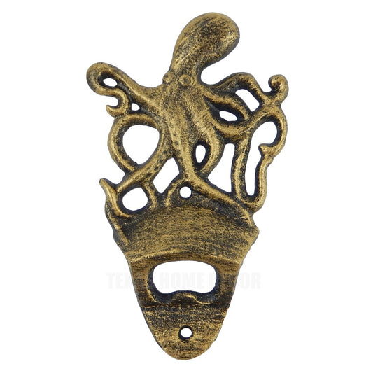 Octopus Beer Bottle Opener Cast Iron Wall Mount Rustic Gold Finish Nautical