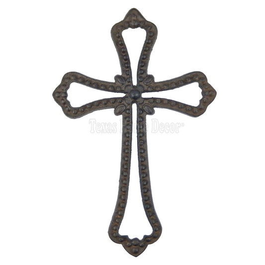 Beaded Wall Cross Outline Simple Flower Cast Iron Rustic Antique Style Western