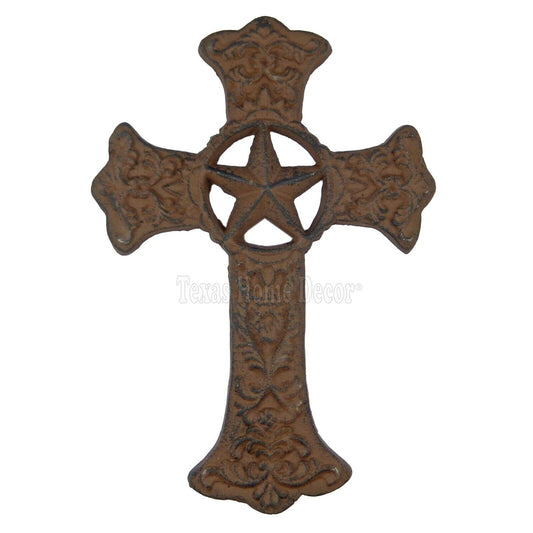 Rustic Star Wall Cross Cast Iron Floral Fleur De Lis Accents Antique Style 11 in