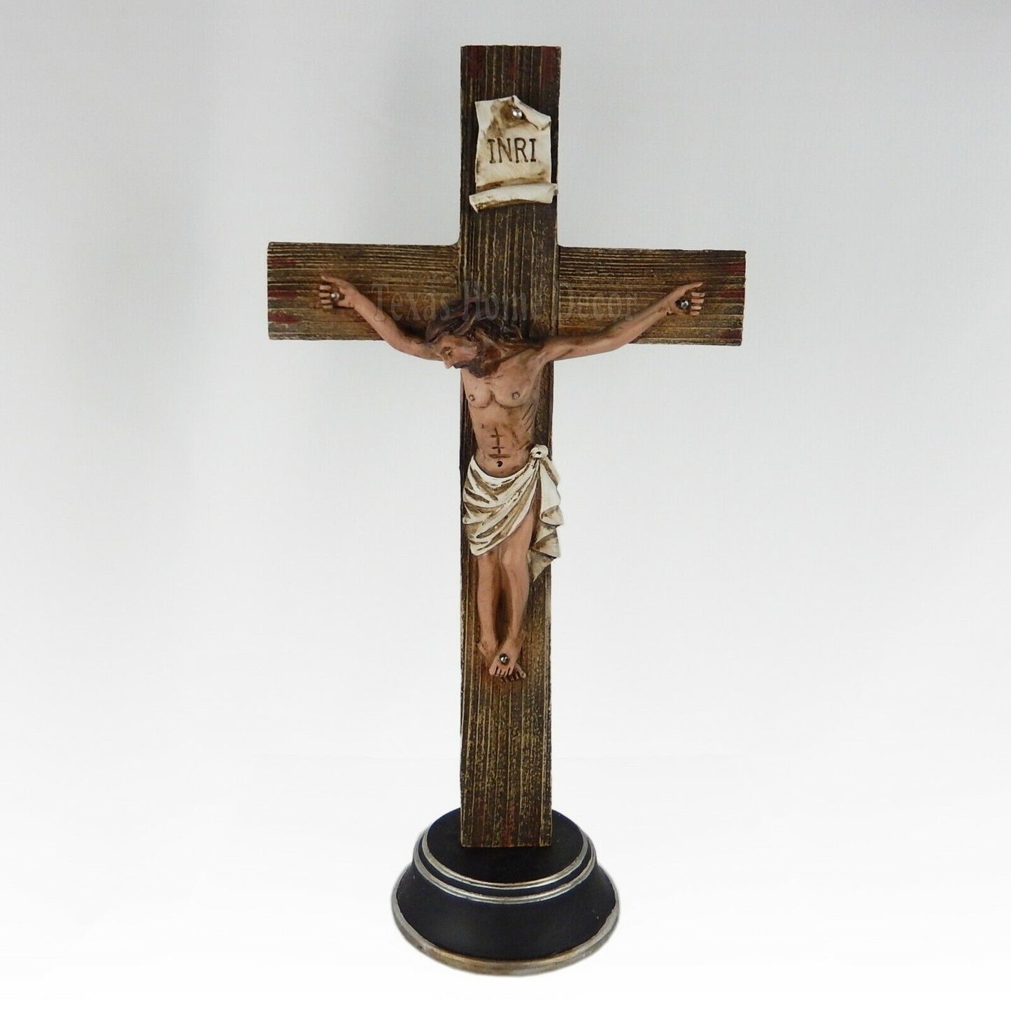 Crucifix Standing Cross INRI Jesus Religious Hand Painted Polyresin 12 3/8" Tall