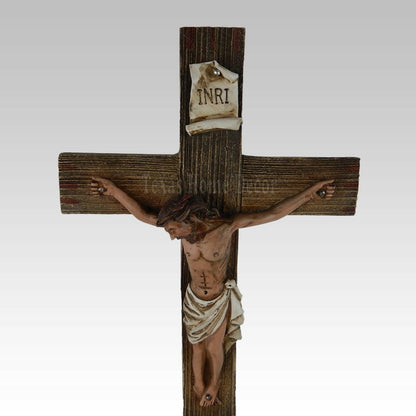 Crucifix Standing Cross INRI Jesus Religious Hand Painted Polyresin 12 3/8" Tall