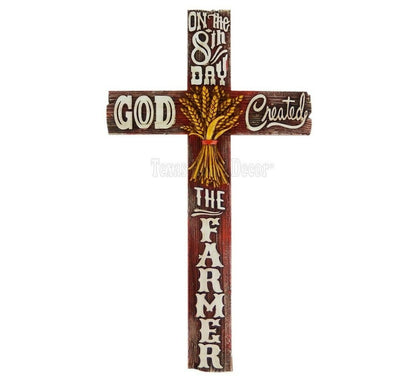 Religious Wall Cross "On The 8th Day God Created The Farmer" 16 x 9 inch