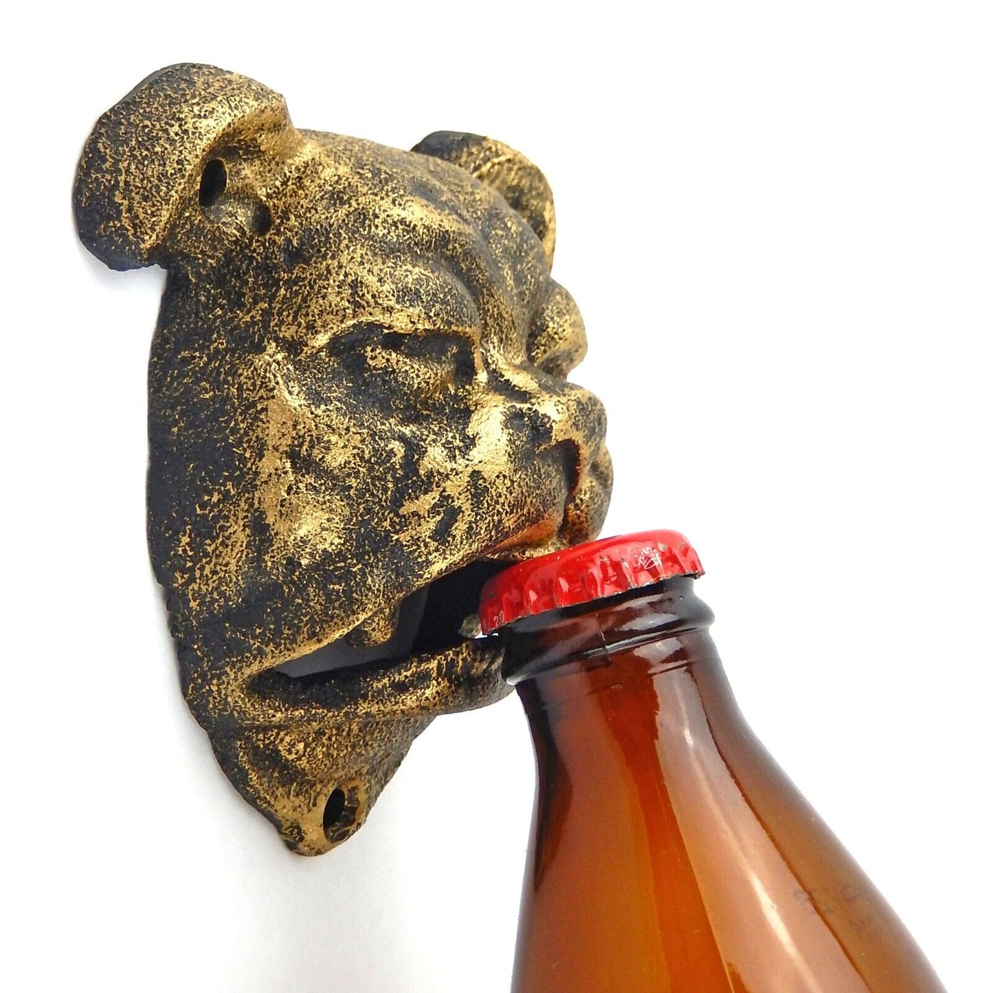 Bulldog Beer Bottle Opener Wall Mounted Georgia Antique Rustic Gold Cast Iron