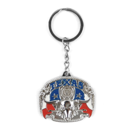 Metal Texas Flag Longhorn Key Fob With Chain Split Ring Western Souvenir