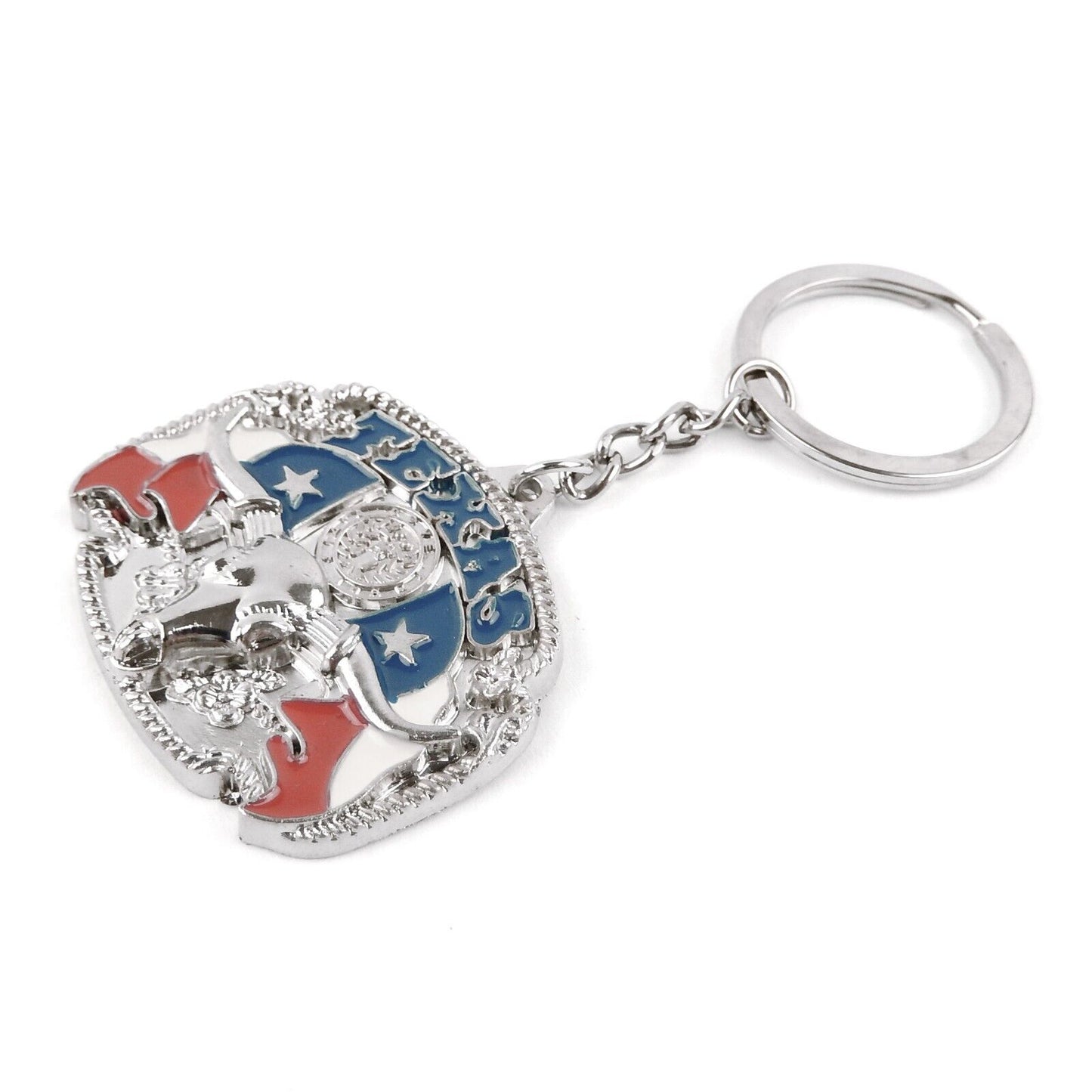 Metal Texas Flag Longhorn Key Fob With Chain Split Ring Western Souvenir