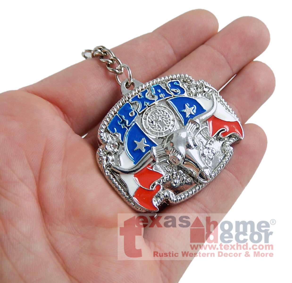 Metal Texas Flag Longhorn Key Fob With Chain Split Ring Western Souvenir