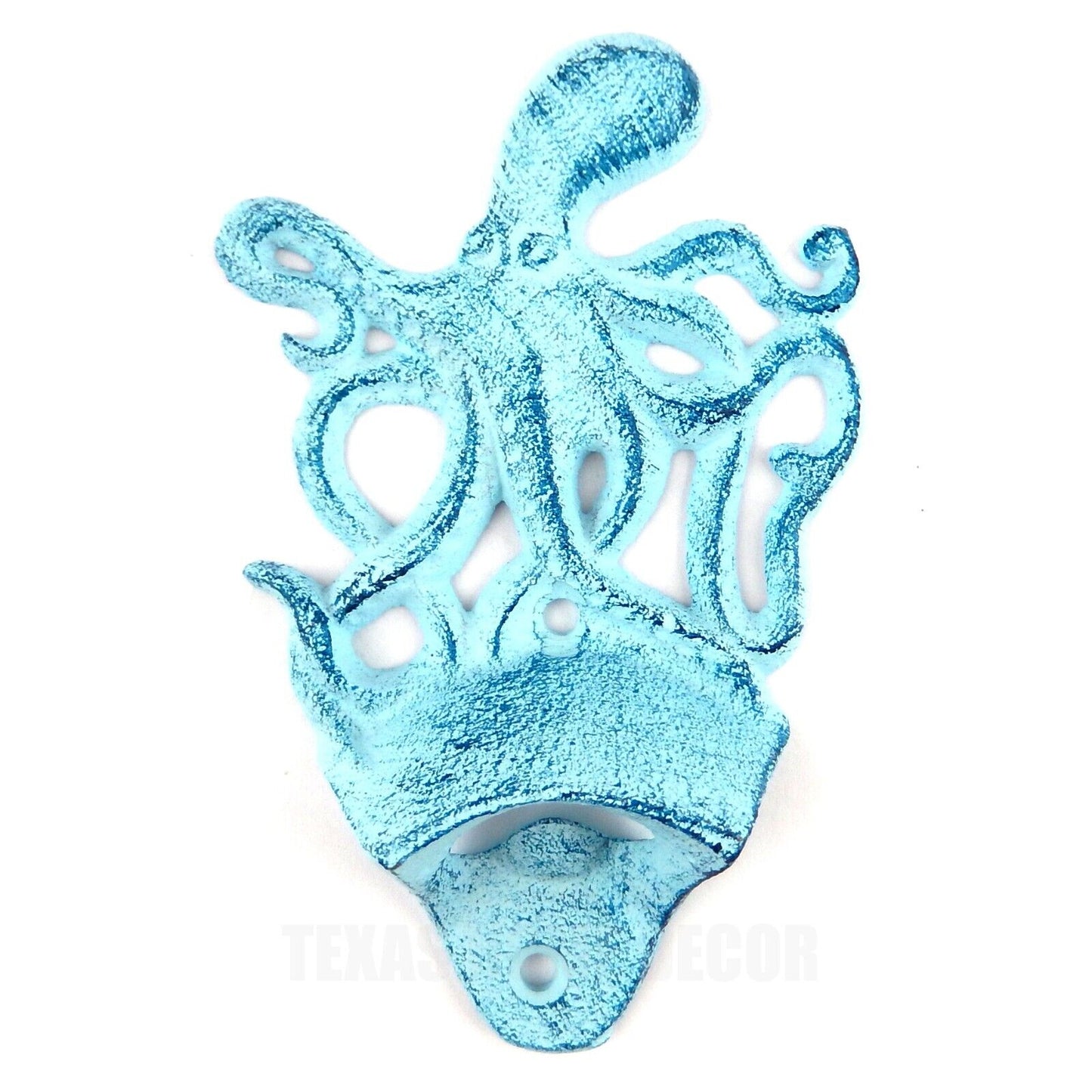 Octopus Beer Bottle Opener Cast Iron Wall Mounted Rustic Blue Finish Nautical