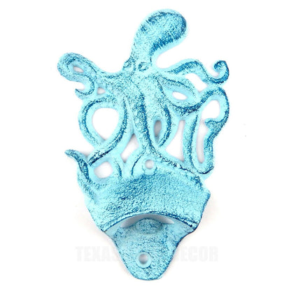 Octopus Beer Bottle Opener Cast Iron Wall Mounted Rustic Blue Finish Nautical