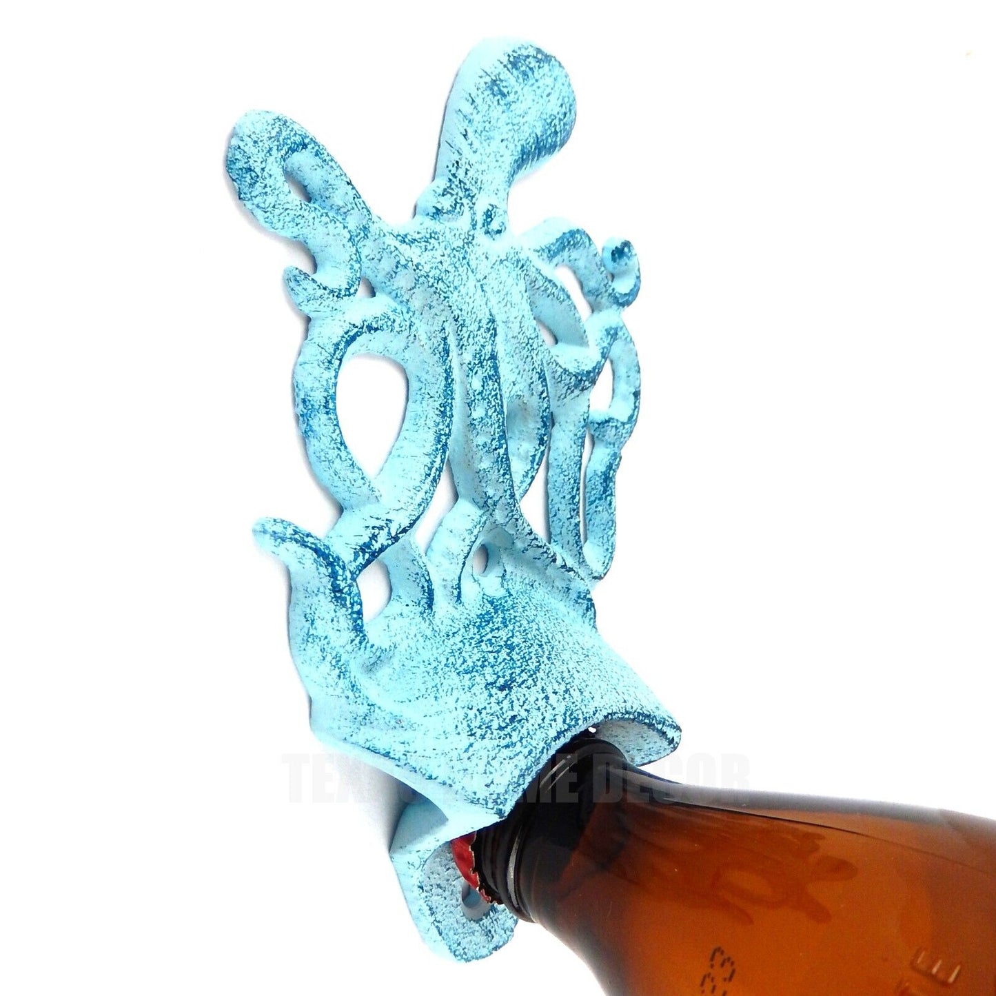 Octopus Beer Bottle Opener Cast Iron Wall Mounted Rustic Blue Finish Nautical