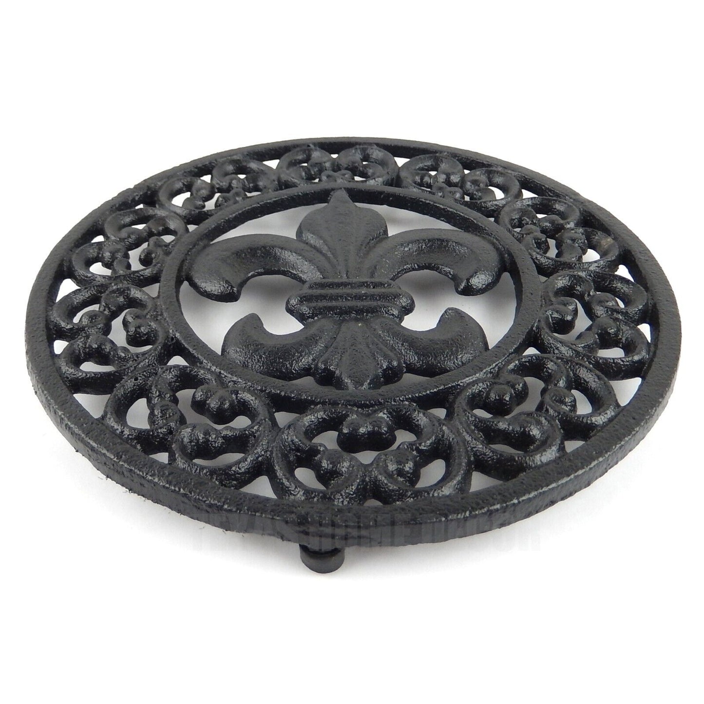 Cast Iron Fleur De Lis Hot Pot Plate Trivet Floral Victorian Style Black 7 3/4"