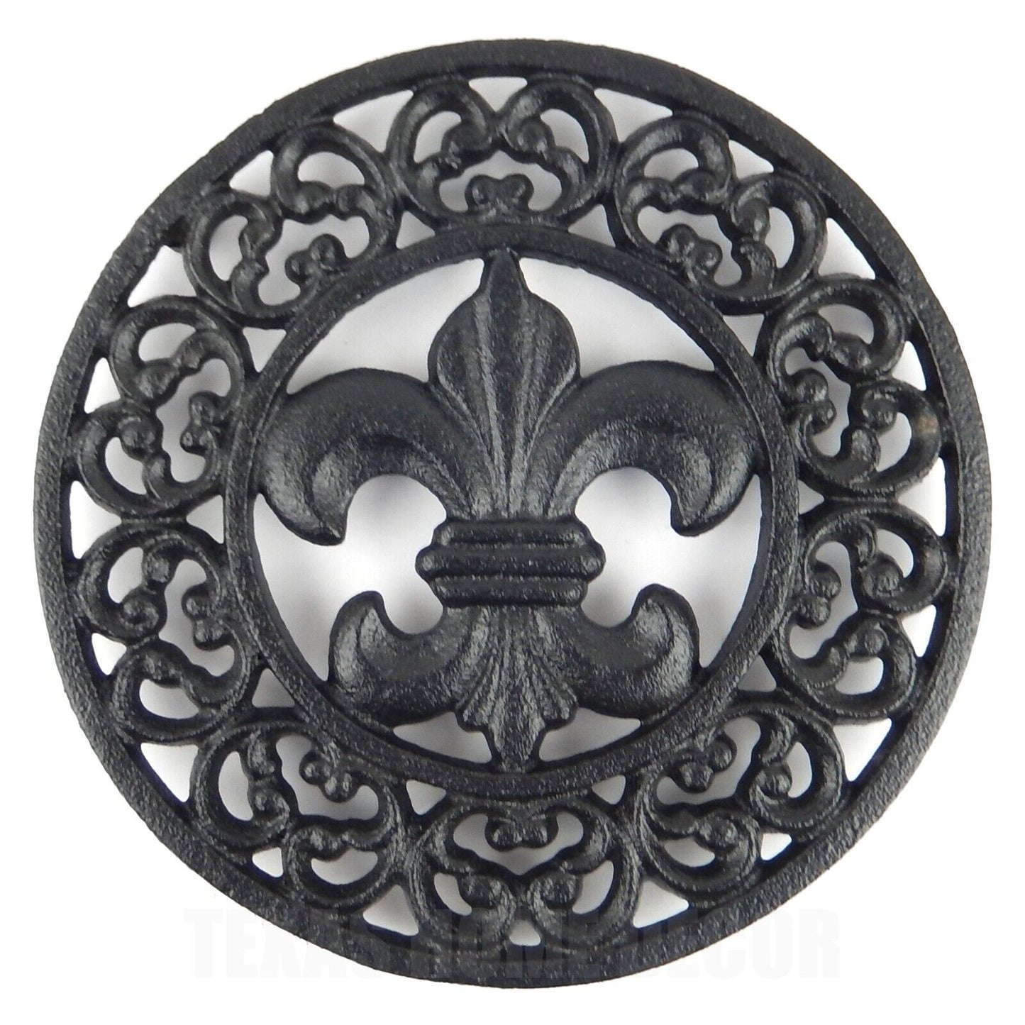 Cast Iron Fleur De Lis Hot Pot Plate Trivet Floral Victorian Style Black 7 3/4"