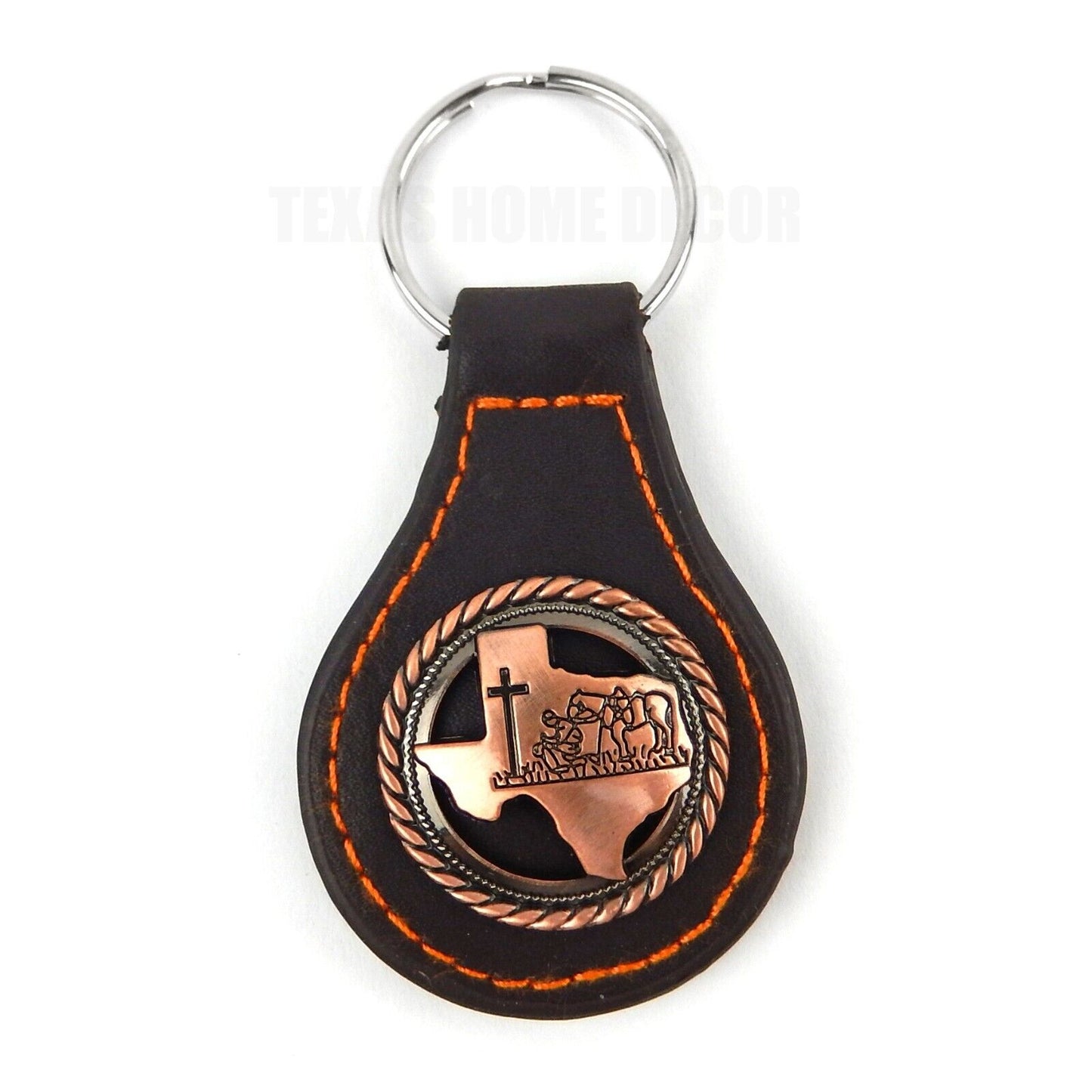 Brown Leather Key Fob Ring Texas Map Praying Cowboy Cross Horse Copper Concho