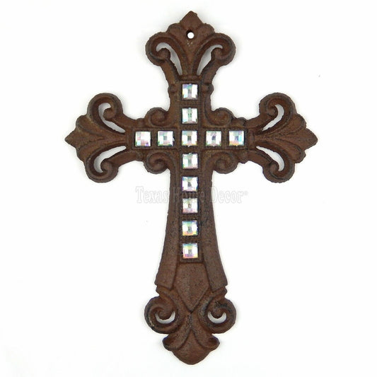 Pearl Faux Stone Fleur De Lis Wall Cross Cast Iron Rustic Finish Victorian Decor