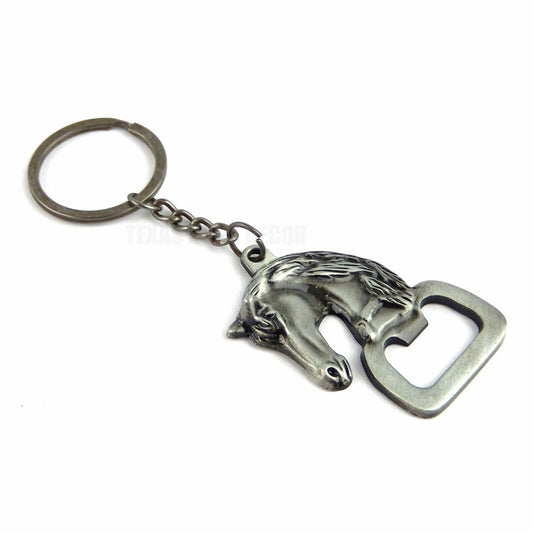 Horse Head Metal Keychain Bottle Opener Fob Ring Antique Silver Western Cowboy