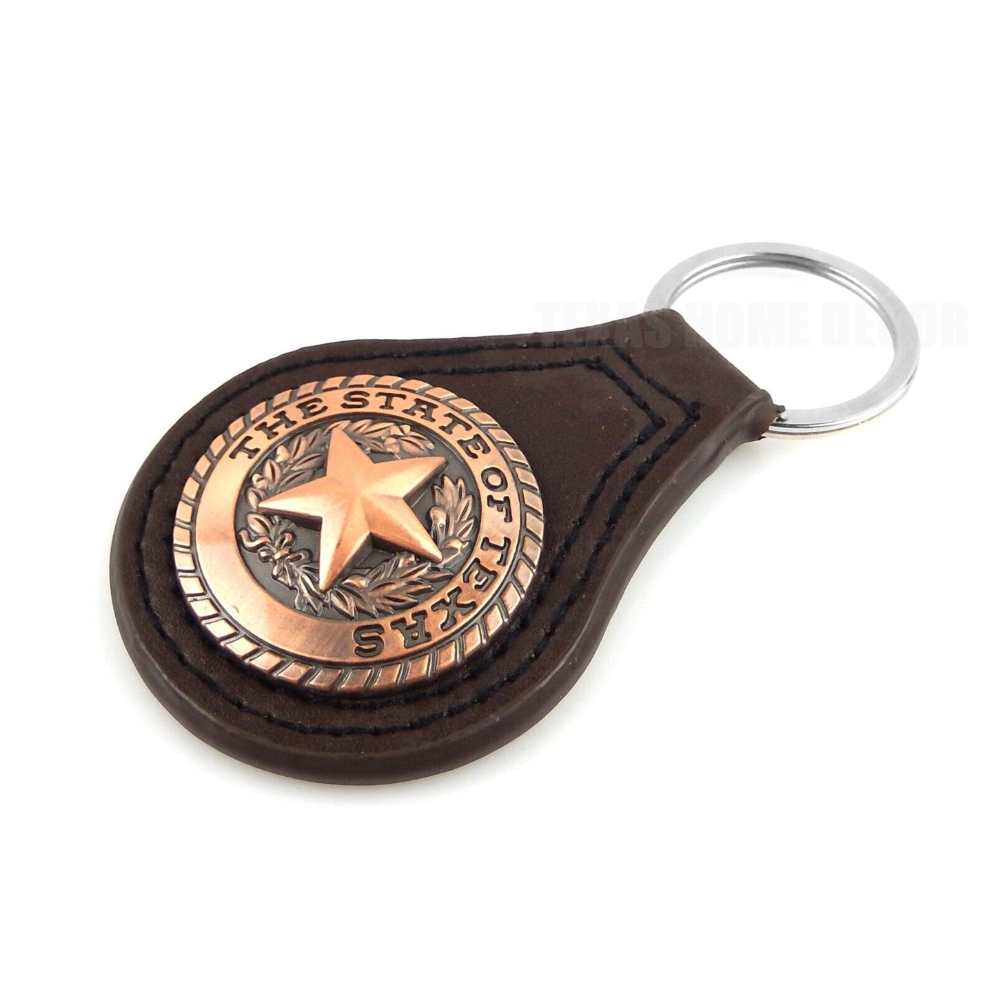 Western Brown Leather Keychain Fob Copper The State of Texas Seal Star Concho