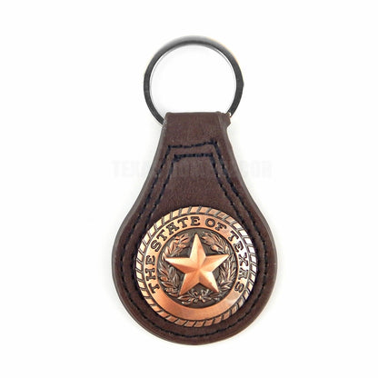 Western Brown Leather Keychain Fob Copper The State of Texas Seal Star Concho