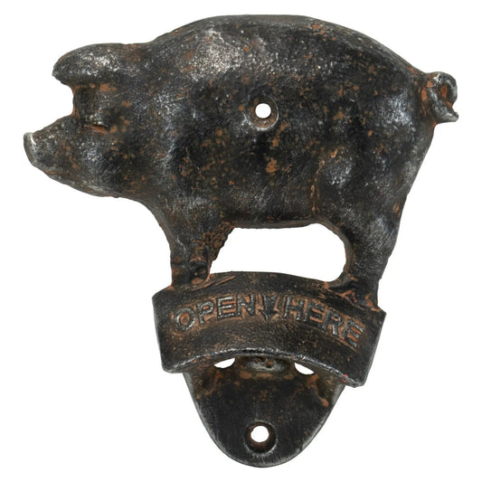 Pig Bottle Opener Wall Mounted Cast Iron Antique Black Rustic Finish Farmhouse