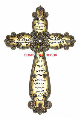 Inspirational Fleur De Lis Wall Cross Engraved Rhinestone Scrolls 19.75 x 12.75"