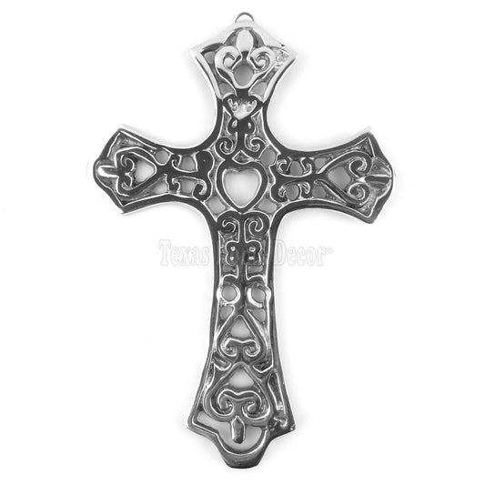 Silver Heart Wall Cross Polished Aluminum Scrolls Fleur De Lis 10" Tall