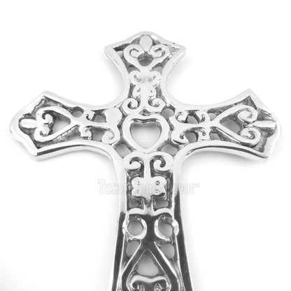 Silver Heart Wall Cross Polished Aluminum Scrolls Fleur De Lis 10" Tall