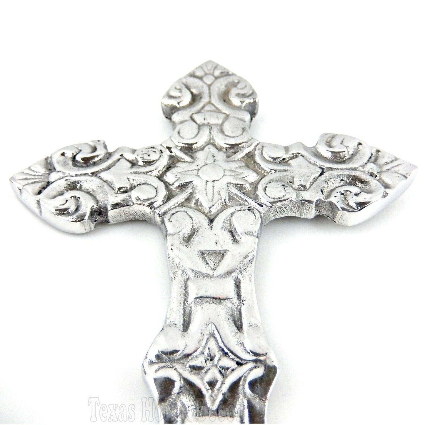 Fleur De Lis Silver Wall Cross Floral Polished Aluminum Finish Religious Flower