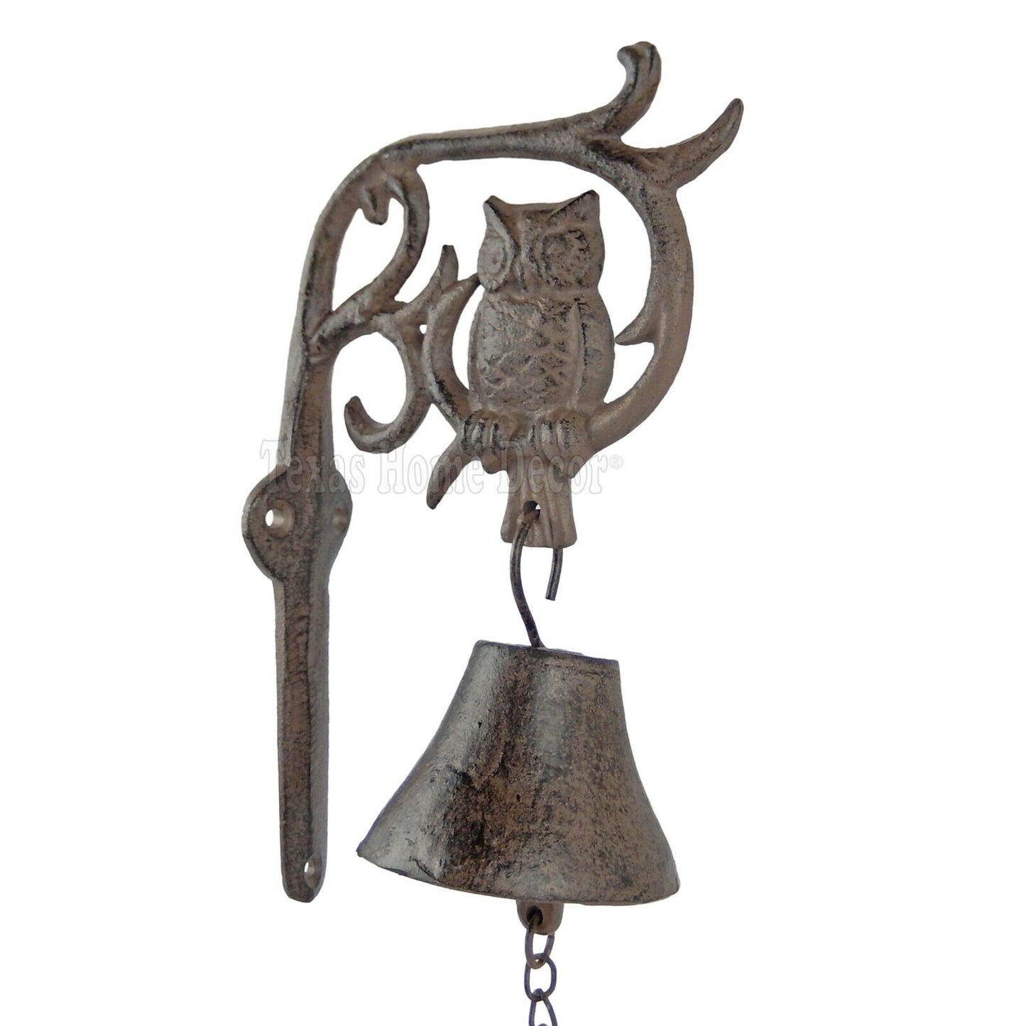 Small Owl Dinner Bell Cast Iron Wall Mounted Antique Style Scrolls Rustic Brown