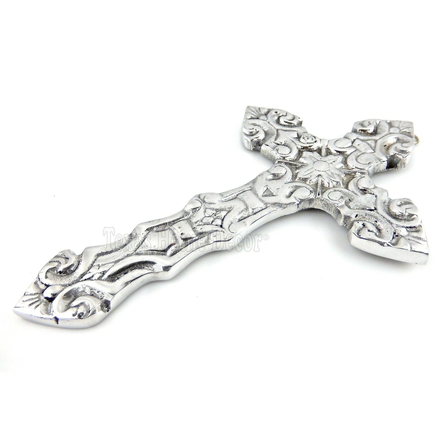 Fleur De Lis Silver Wall Cross Floral Polished Aluminum Finish Religious Flower