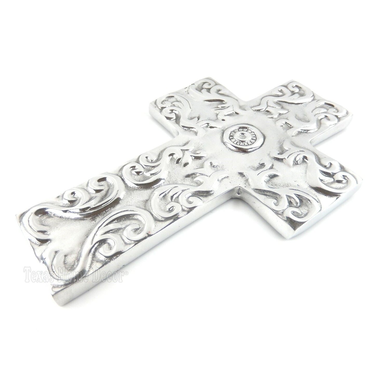 Medallion Wall Cross Polished Pewter Silver Floral Scrolls Leaves 12.25"