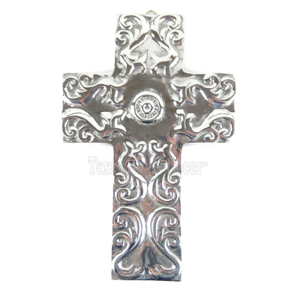 Medallion Wall Cross Polished Pewter Silver Floral Scrolls Leaves 12.25"