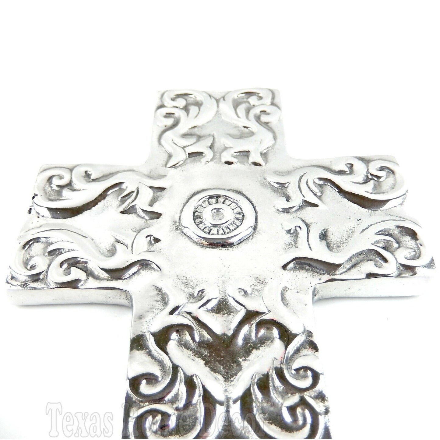 Medallion Wall Cross Polished Pewter Silver Floral Scrolls Leaves 12.25"