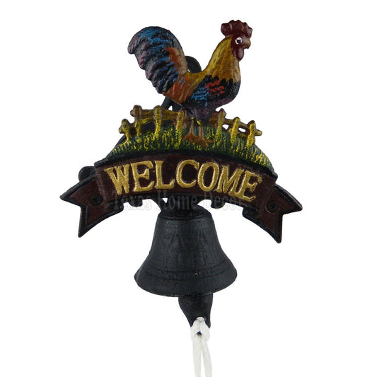 Rooster Welcome Dinner Bell Cast Iron Hand Painted Antique Style Heavy Duty