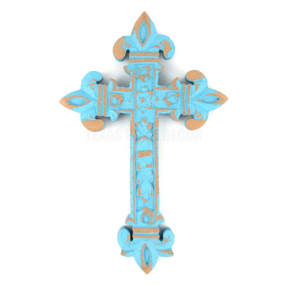 Hand Carved Wooden Fleur De Lis Wall Cross Rustic Blue Weathered Finish 12 inch