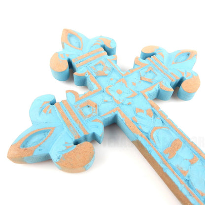 Hand Carved Wooden Fleur De Lis Wall Cross Rustic Blue Weathered Finish 12 inch