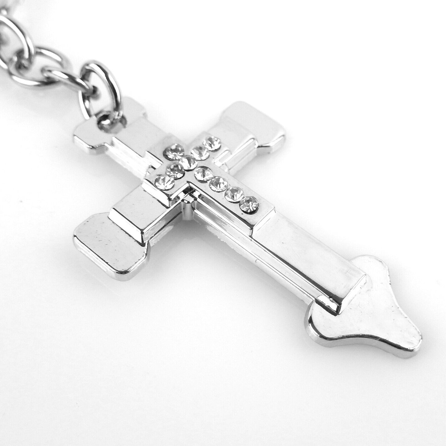 Metal Crucifix With Stones Key Chain Fob Shiny Silver Finish Religious Key Ring