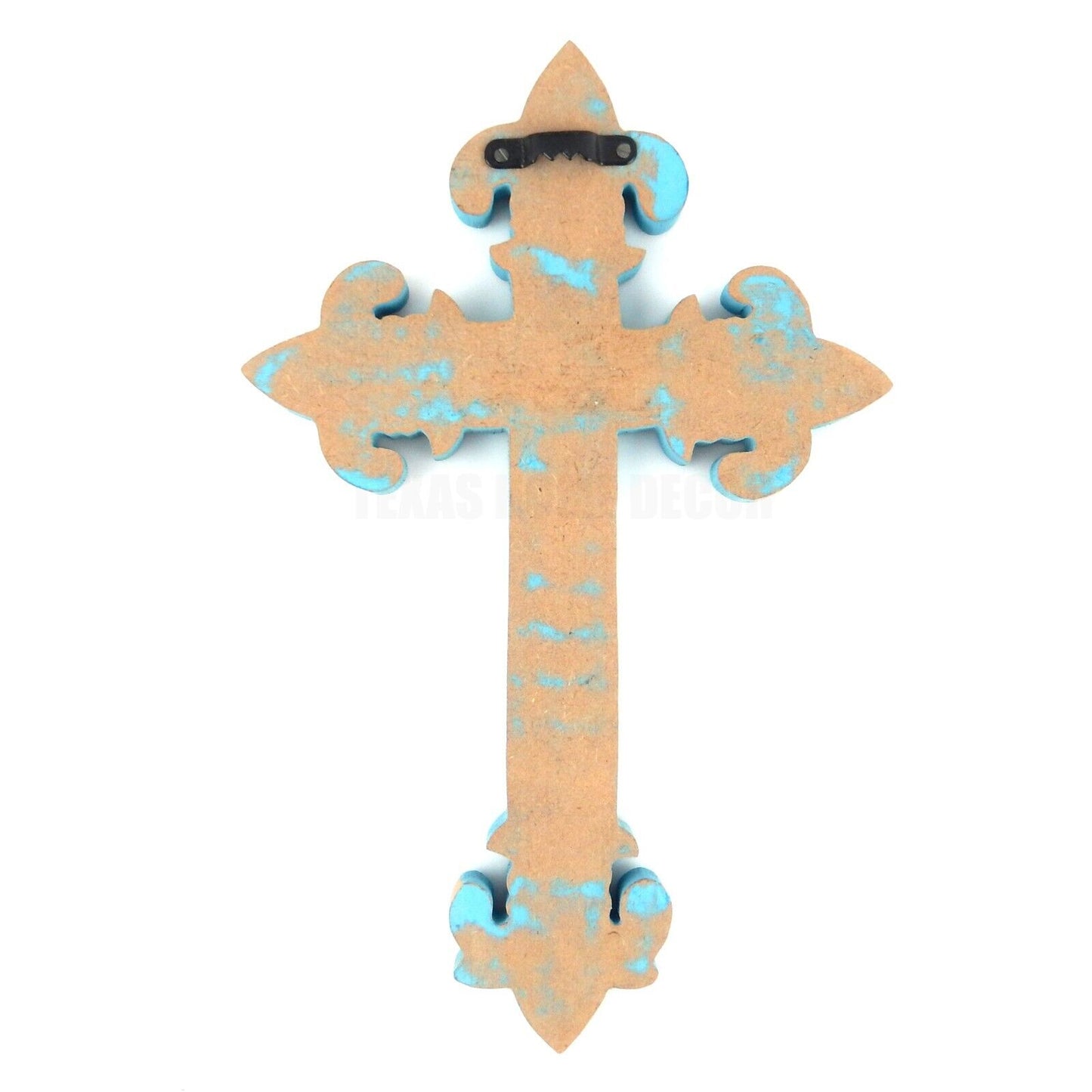 Hand Carved Wooden Fleur De Lis Wall Cross Rustic Blue Weathered Finish 12 inch